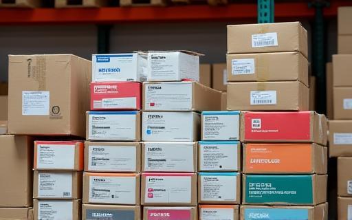 Stacks of toner and ink cartridges